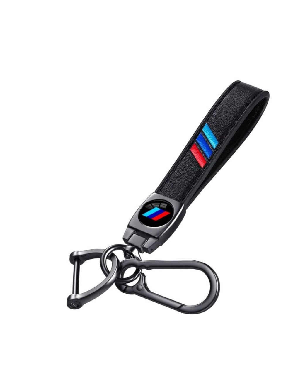 Luxury Black Leather Keychain With Metal Clasp & Multicolor Stripe Design